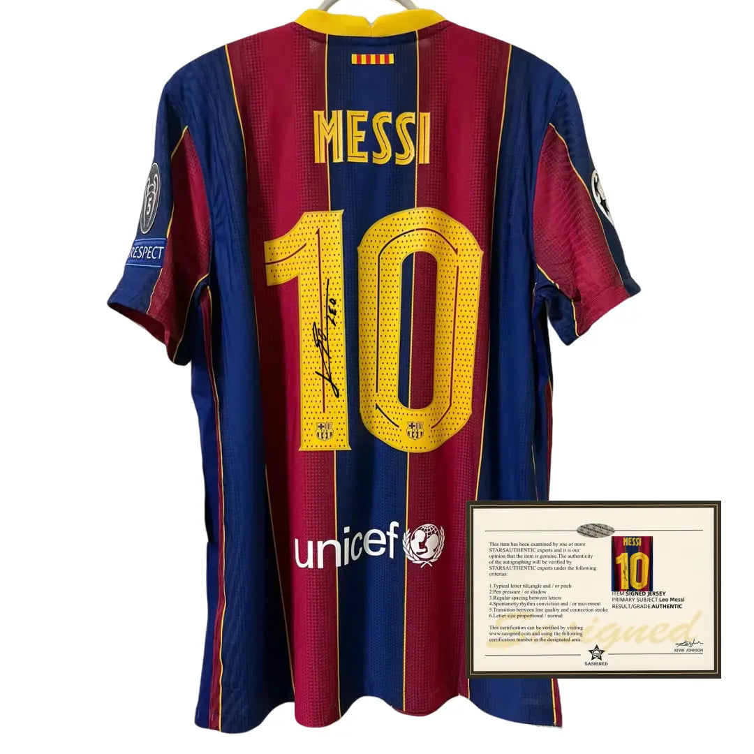 LIONEL MESSI | BARCELONA 2020-2021 UCL HOME DISPLAY JERSEY | PRINTED SIGNATURE (SIZE L) Fan Signature Co.