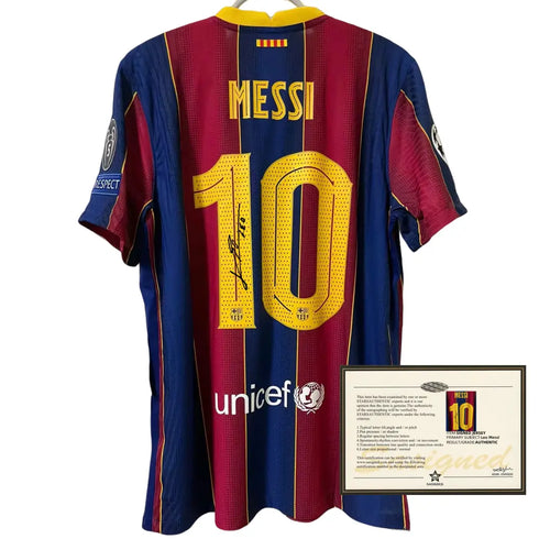 LIONEL MESSI | BARCELONA 2020-2021 UCL HOME DISPLAY JERSEY | PRINTED SIGNATURE (SIZE L) Fan Signature Co.