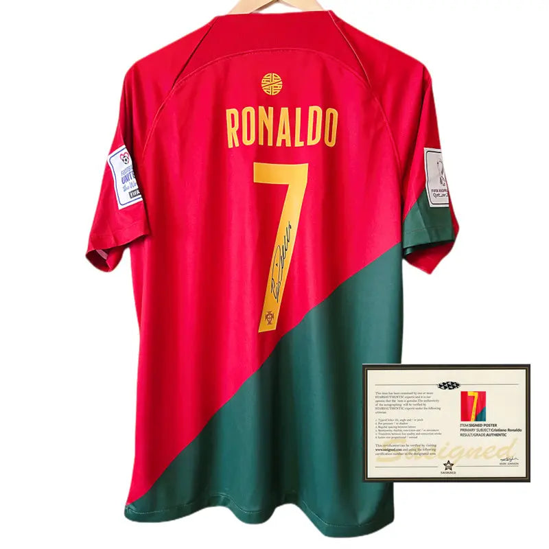 CRISTIANO RONALDO | PORTUGAL 2022 WORLD CUP HOME DISPLAY JERSEY | PRINTED SIGNATURE (SIZE L) Fan Signature Co.