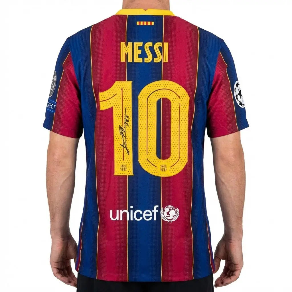 LIONEL MESSI | BARCELONA 2020-2021 UCL HOME DISPLAY JERSEY | PRINTED SIGNATURE (SIZE L) Fan Signature Co.