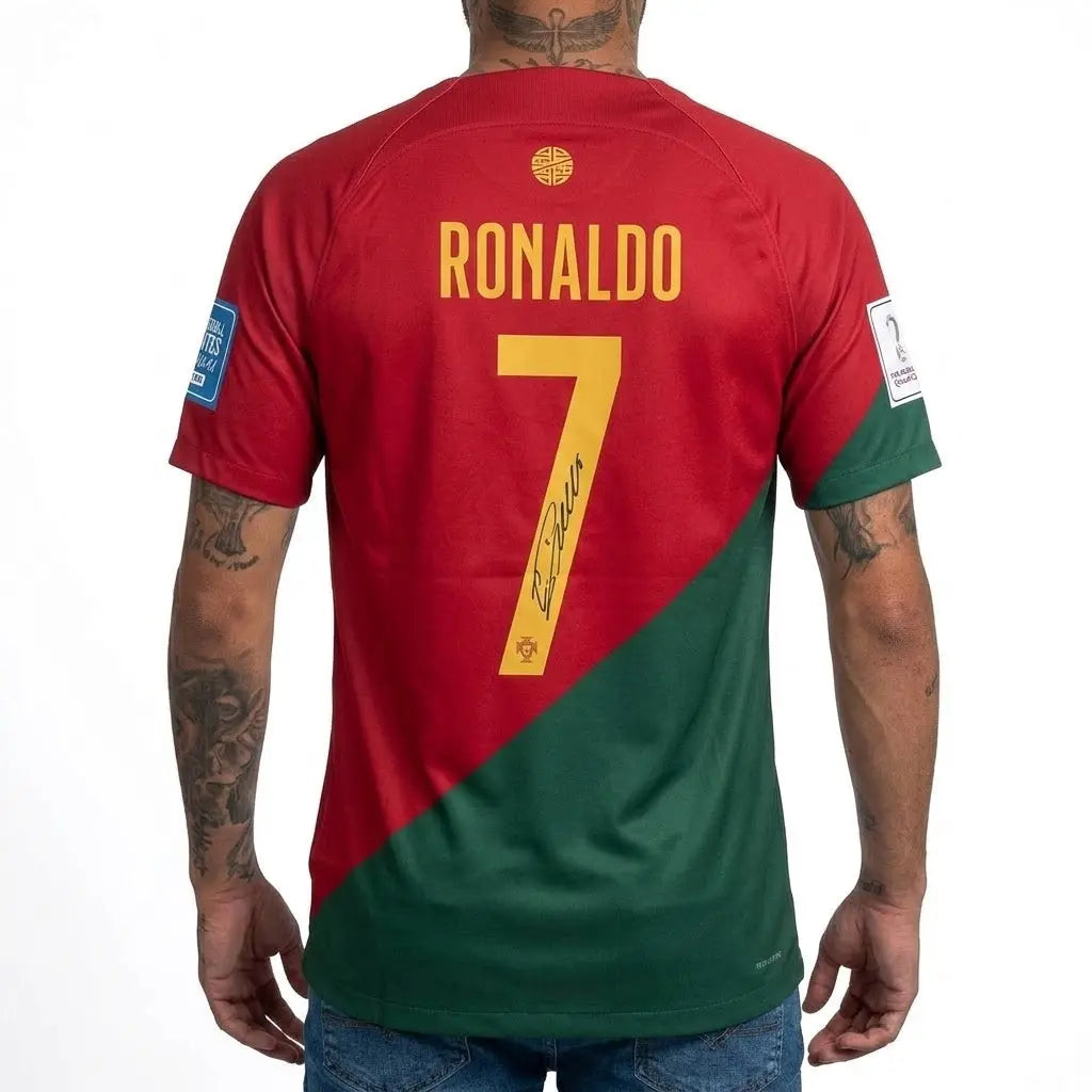 CRISTIANO RONALDO | PORTUGAL 2022 WORLD CUP HOME DISPLAY JERSEY | PRINTED SIGNATURE (SIZE L) Fan Signature Co.